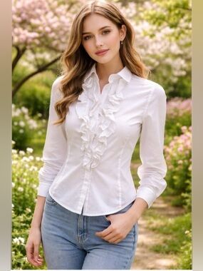 Ralph Lauren White Ruffle-Front Button Down Shirt